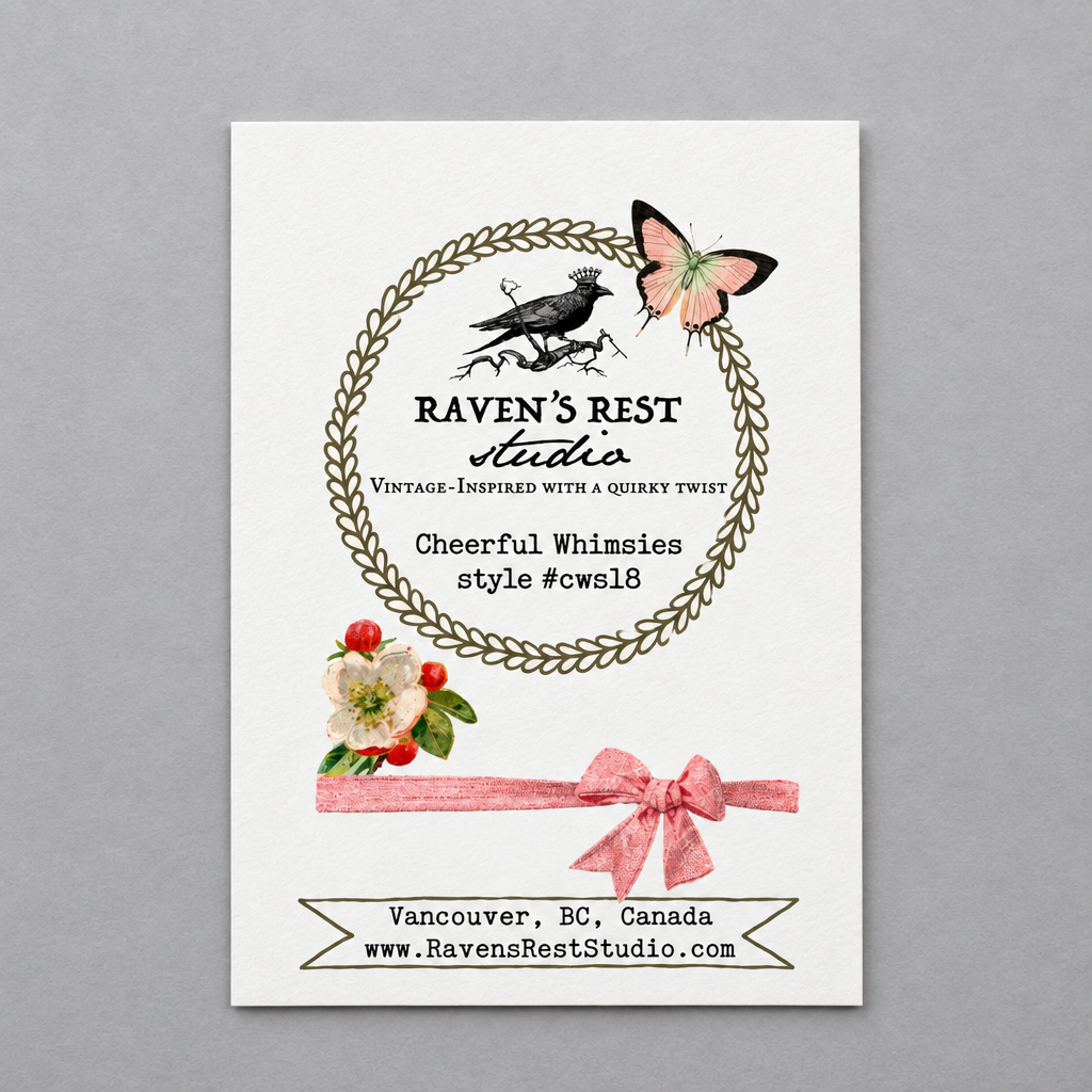 A vertical white art print or card centered on a gray background, featuring decorative vintage-style illustrations and text. The design includes a circular leaf wreath, a black bird, a pink butterfly, floral accents, and a pink ribbon bow, with the visible brand/title 'Raven's Rest Studio' and website text at the bottom.