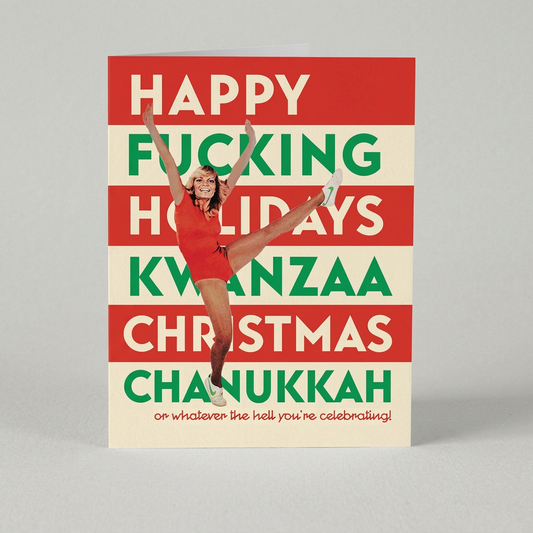 Holiday card front on muted light-grey background