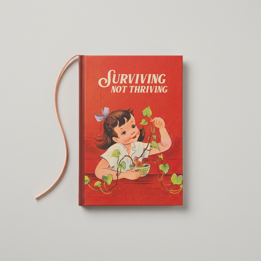 Surviving Not Thriving red notebook with ribbon bookmark on muted light grey background