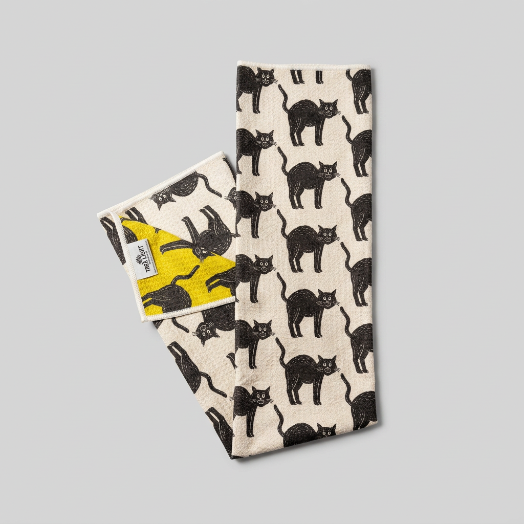 Folded black cat tea towel showing yellow reverse and tag on muted light grey background