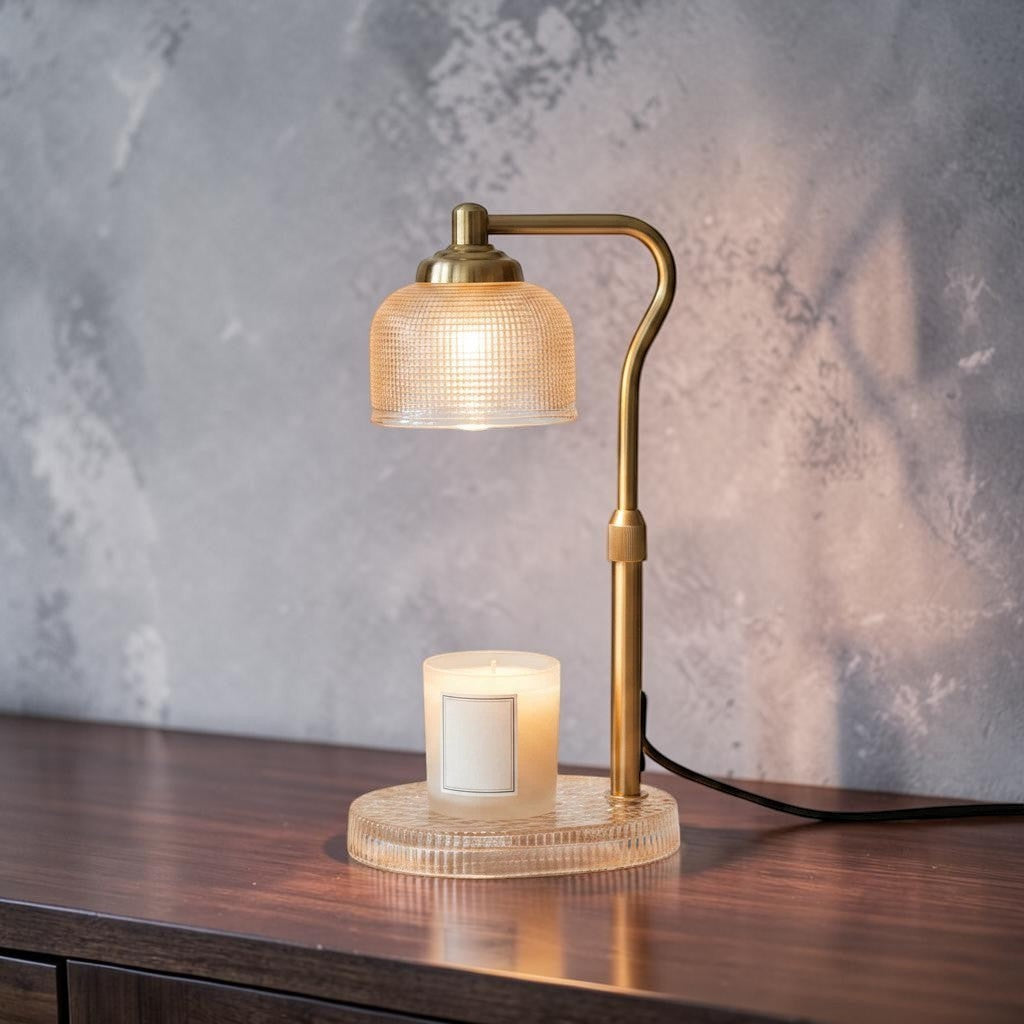 Impish Greetings candle lamp warmer with a brass finish and textured glass shade heating a white candle on a desk