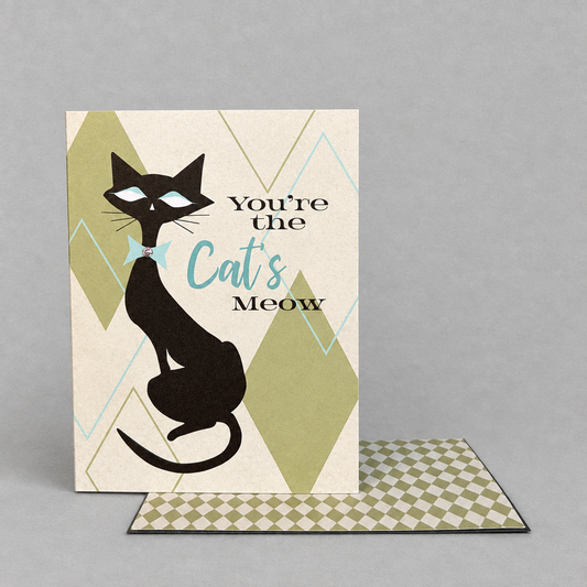 Impish Greetings Cat's Meow greeting card with a mid-century modern black cat illustration and checkered envelope.
