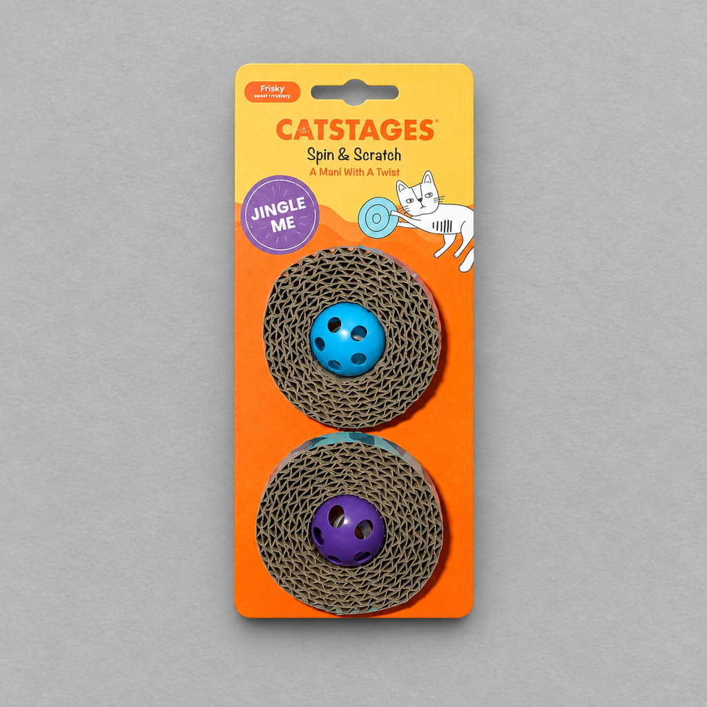 Impish Greetings Catstages Spin & Scratch toy set featuring two corrugated cardboard discs with blue and purple bells.