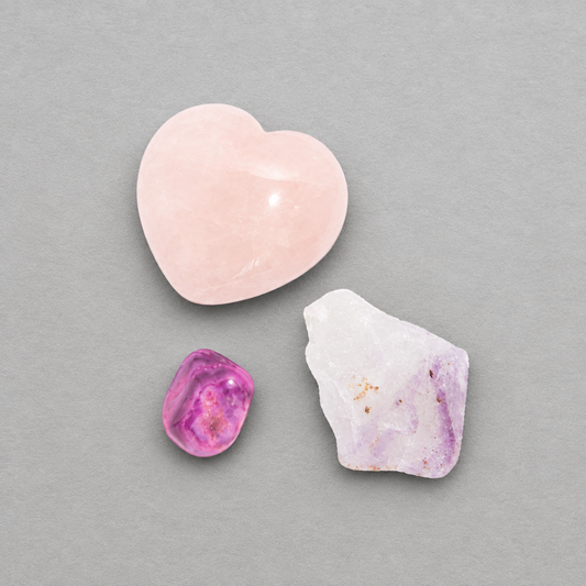 Impish Greetings LOVE + HAPPINESS crystal set featuring a heart-shaped rose quartz, amethyst point, and polished agate.