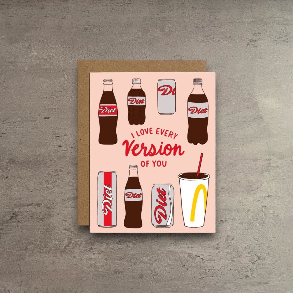 Impish Greetings greeting card featuring various diet soda illustrations and the text I Love Every Version Of You
