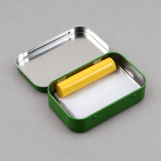 Impish Greetings green metal stash tin with a hinged lid containing a yellow lip balm tube on a grey background.
