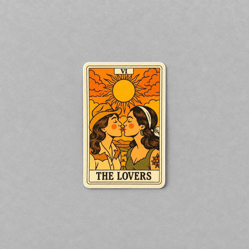 Impish Greetings The Lovers tarot card sticker featuring two cowgirls kissing under a sun, matte vinyl design.