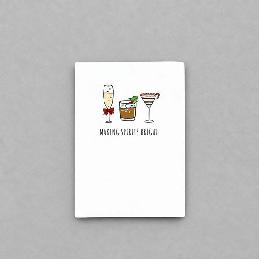 Impish Greetings Making Spirits Bright holiday card with illustrations of festive cocktails on white cardstock