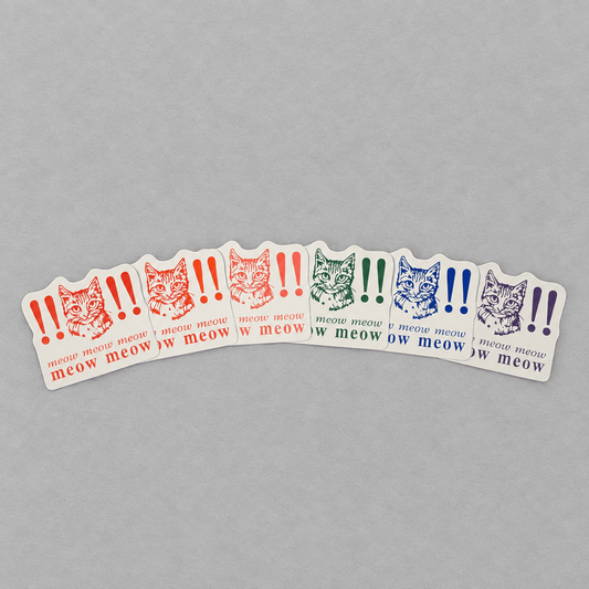 Impish Greetings Meow Meow Meow vinyl stickers in assorted colors featuring cat illustrations and exclamation marks.