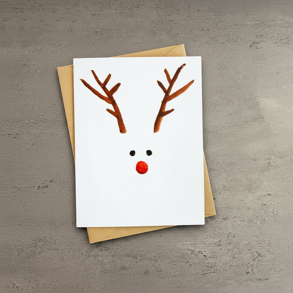 Impish Greetings minimalist holiday card featuring a watercolor reindeer design with a red nose and brown antlers.
