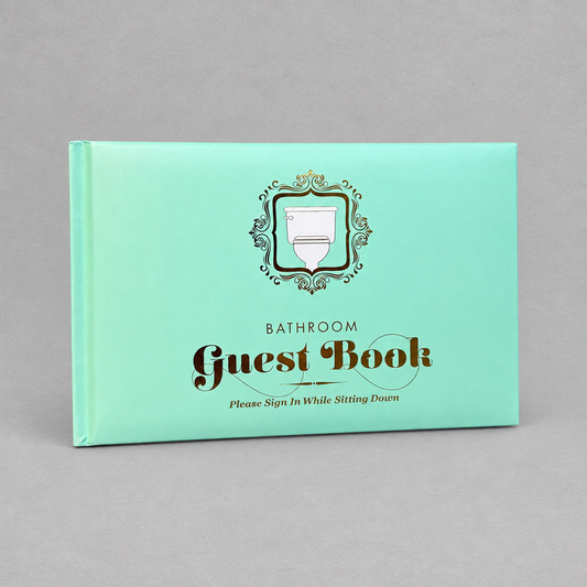 Impish Greetings mint green bathroom guestbook with decorative gold frame and toilet illustration on the cover.