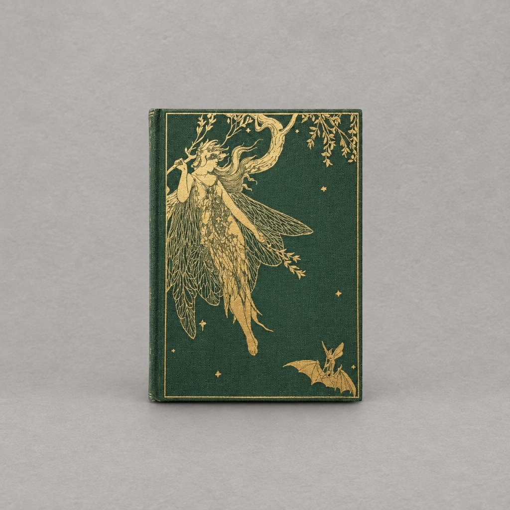 Impish Greetings Olive Fairy hardcover journal with ornate gold foil fairy illustration on a deep green cover