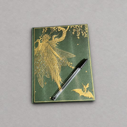Impish Greetings hardcover journal in olive green with ornate gold foil fairy illustration and unlined pages
