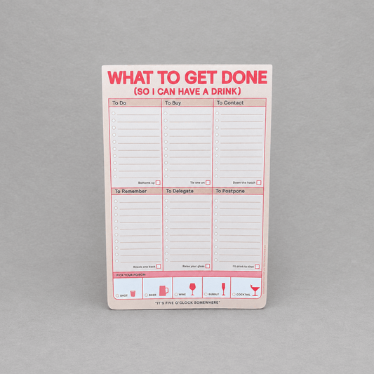 Impish Greetings pastel to-do list notepad with sections for tasks and a drink reward tracker on a grey background.
