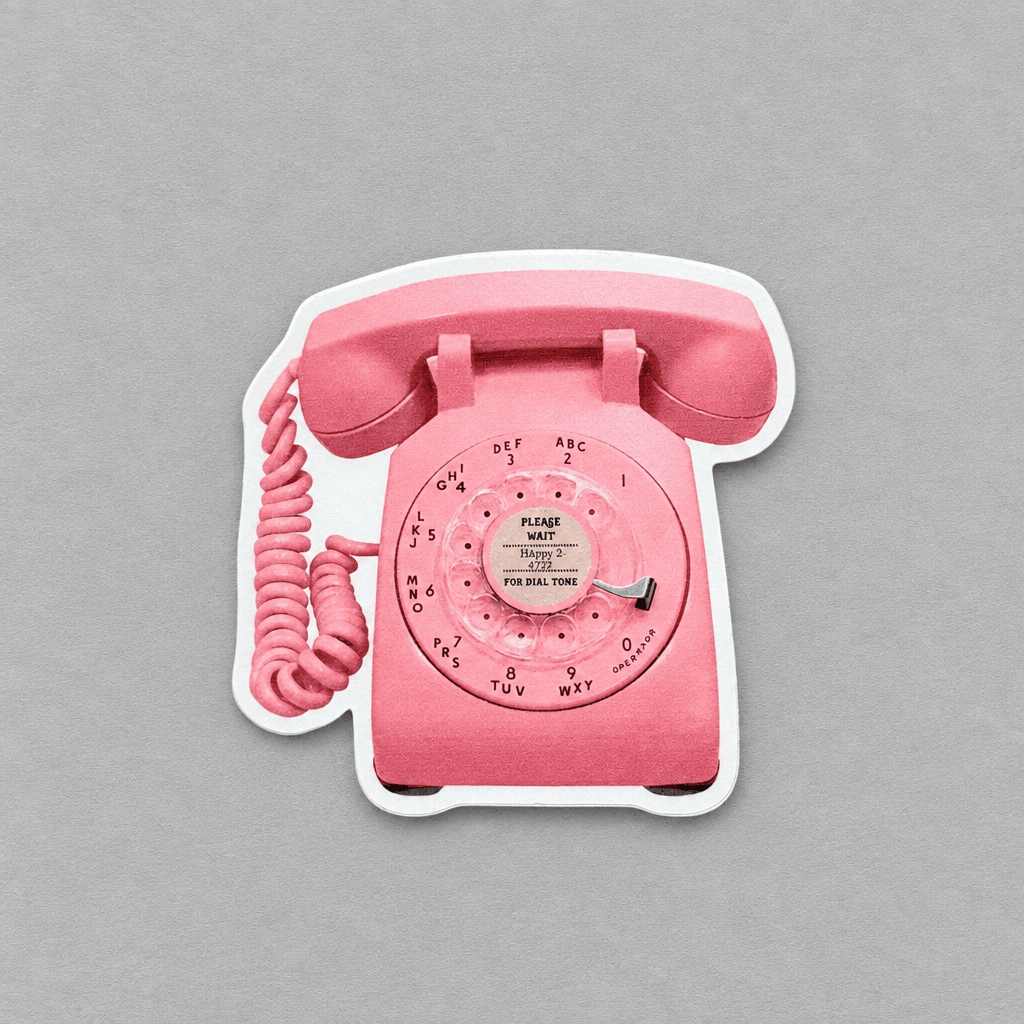 Impish Greetings retro pink rotary phone vinyl sticker with a matte finish and vintage dial design.