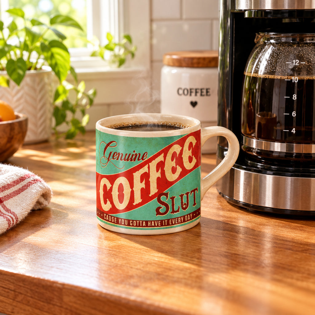 Impish Greetings 12 oz porcelain mug with vintage-style Genuine Coffee Slut text on a kitchen counter
