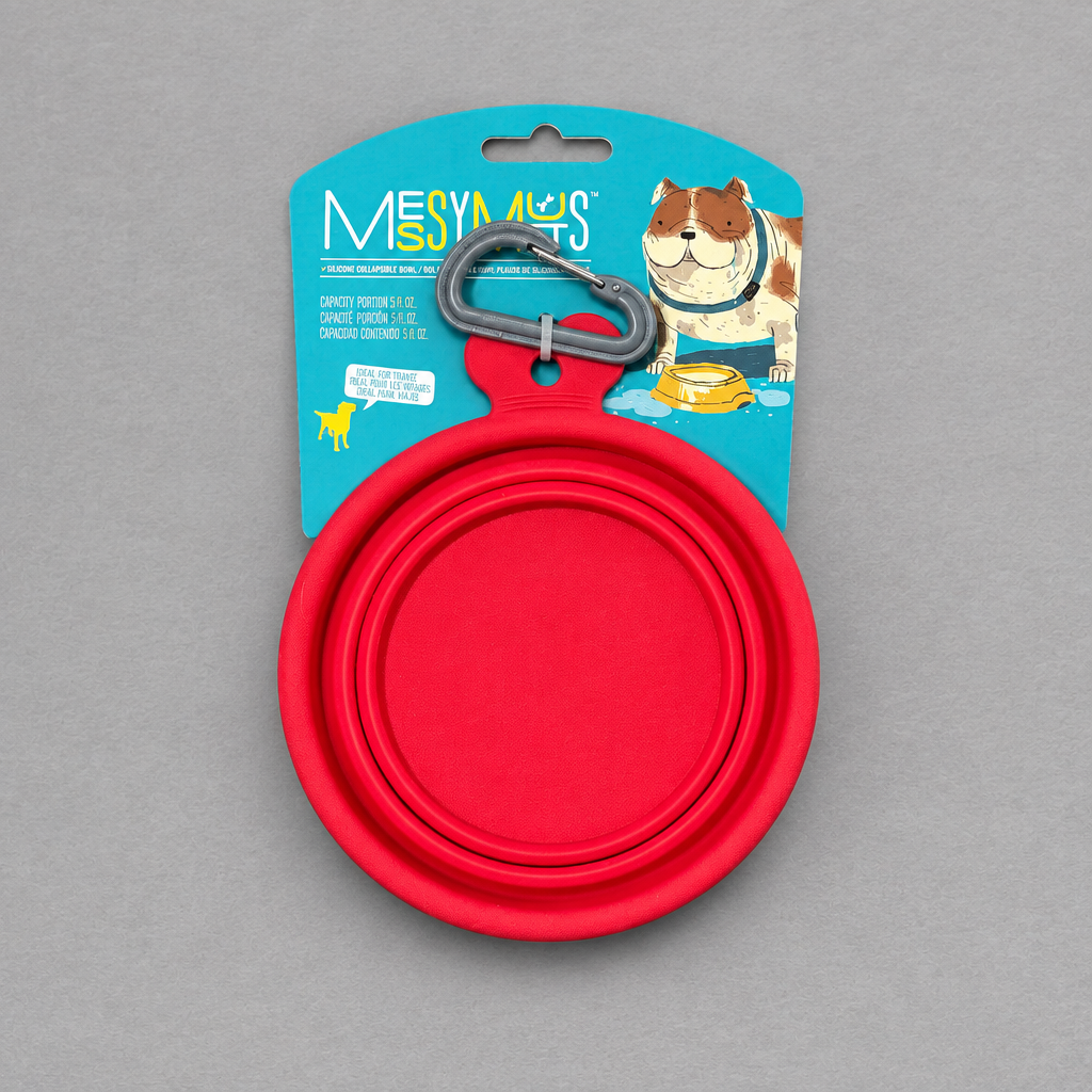 Impish Greetings Messy Mutts red silicone collapsible travel bowl with carabiner clip in retail packaging
