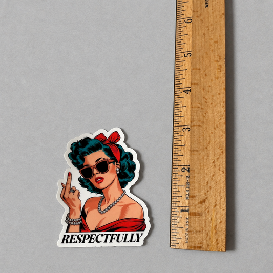 Impish Greetings Respectfully vinyl sticker featuring a retro woman in sunglasses giving the middle finger