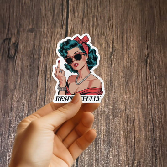 Impish Greetings vinyl sticker featuring a retro pin-up woman in sunglasses giving the middle finger, text Respectfully