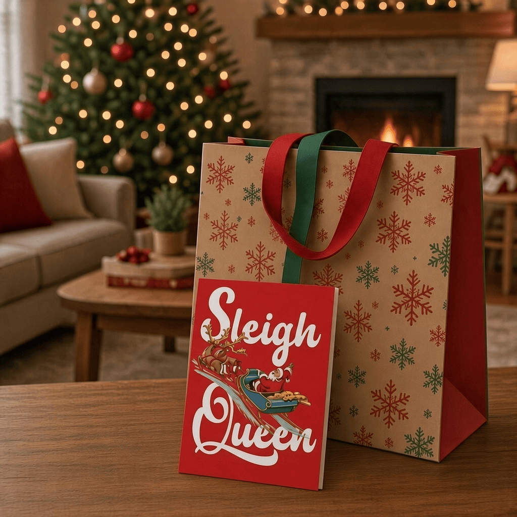 Impish Greetings Sleigh Queen Christmas card featuring a festive Santa sleigh illustration on a red background.