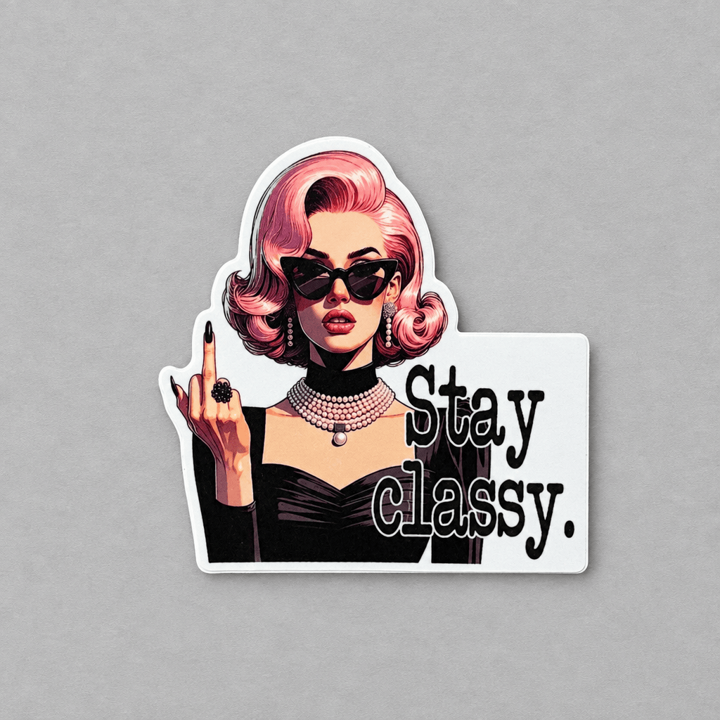 Impish Greetings Stay Classy retro vinyl sticker featuring a vintage woman in sunglasses giving the middle finger.