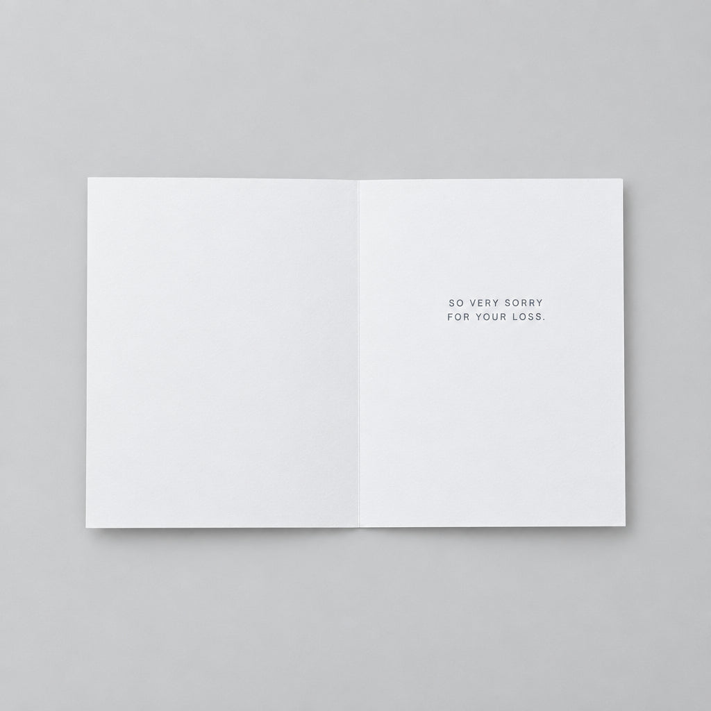 Impish Greetings sympathy card interior with the message So very sorry for your loss printed on recycled paper