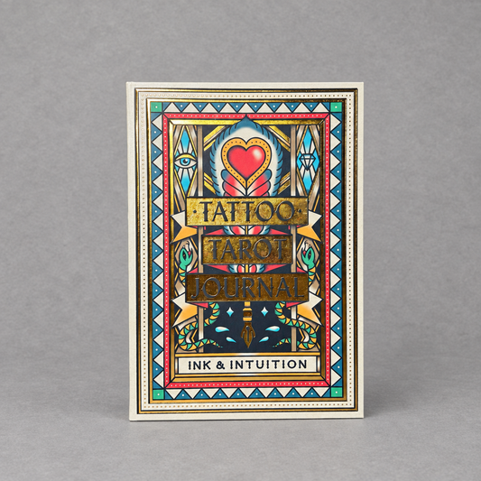 Impish Greetings Tattoo Tarot Journal with gold foil accents and vibrant traditional tattoo style cover art