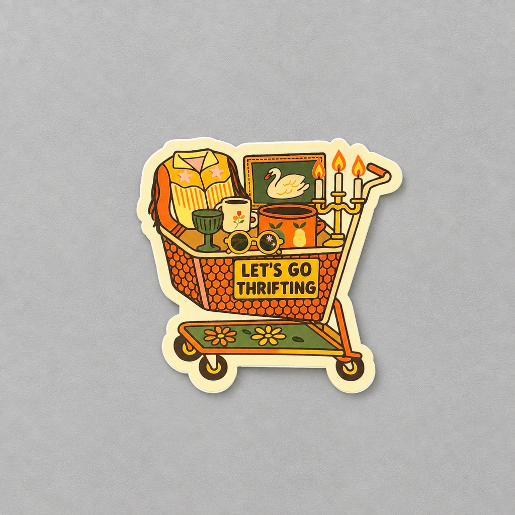 Impish Greetings Let's Go Thrifting vinyl sticker featuring a retro shopping cart filled with vintage treasures.