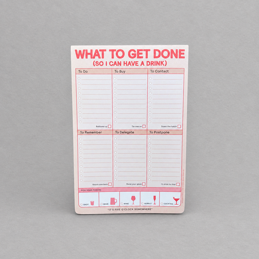 Impish Greetings What to Get Done notepad with pink and red text, featuring checkboxes and cocktail icons.