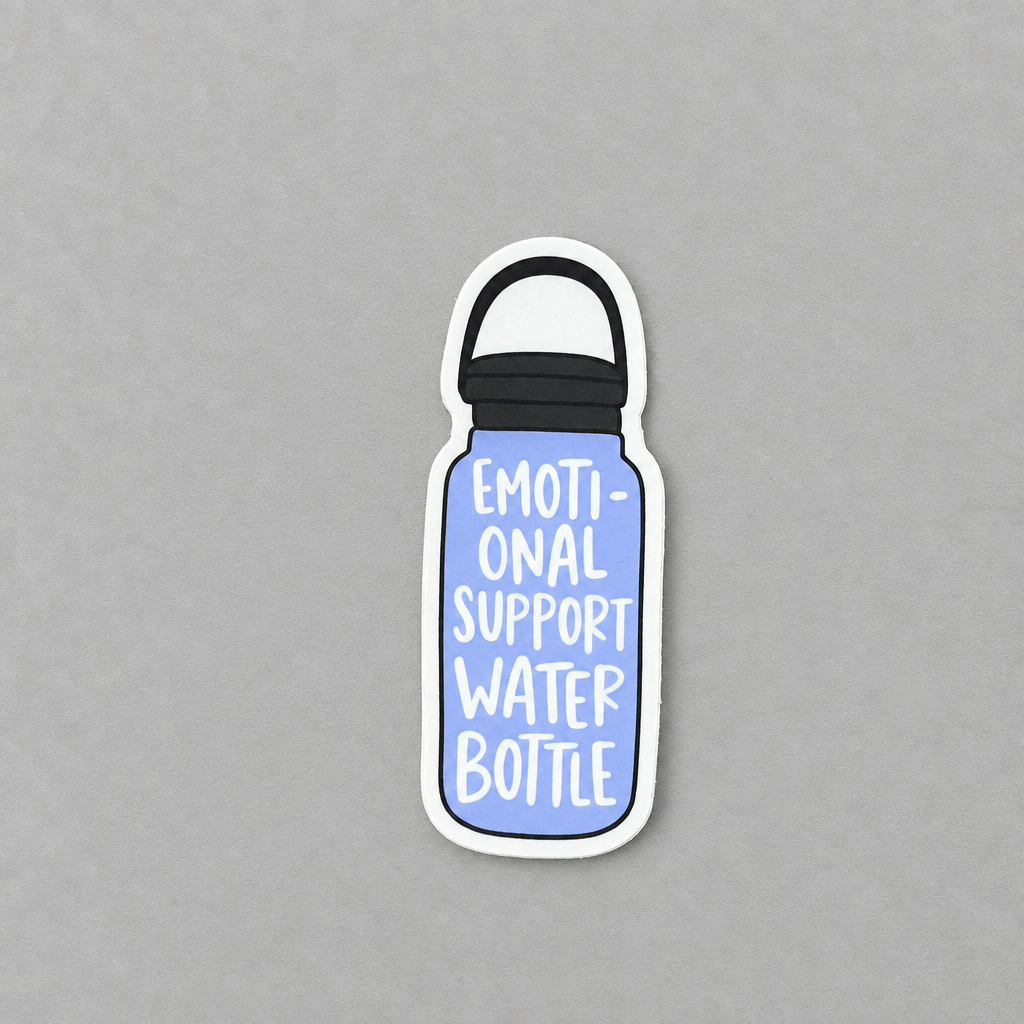 Impish Greetings glossy vinyl sticker featuring a light blue water bottle with the text Emotional Support Water Bottle