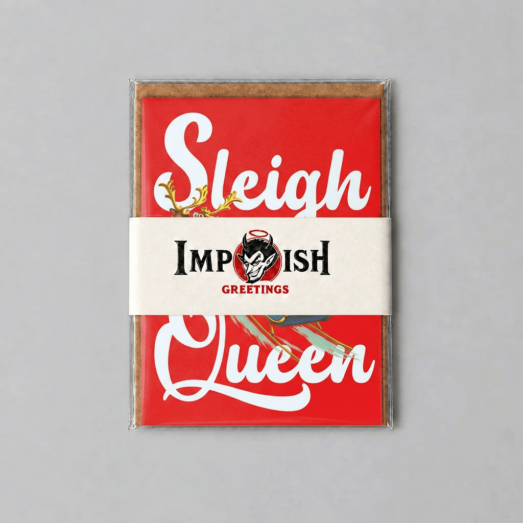 Sleigh Queen card-pack packaging concept with an off-white Impish Greetings wrap and muted grey background