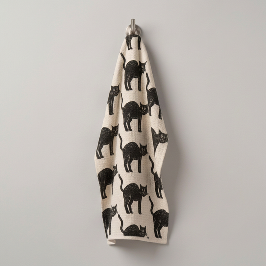 Square photo of the cat-patterned towel hanging on a hook