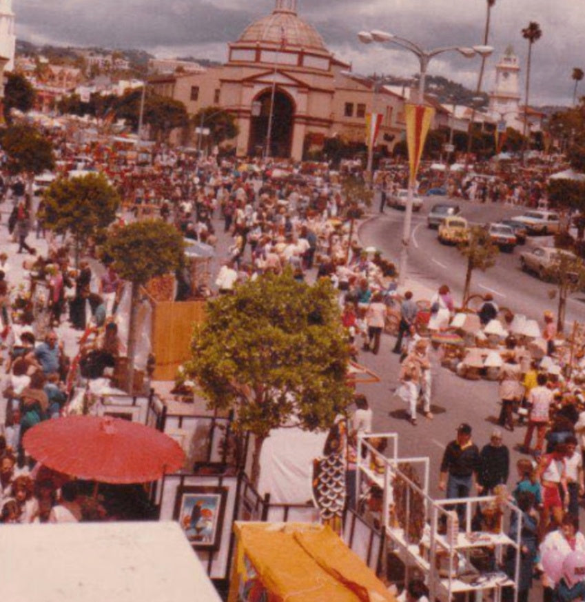 Vintage street scene in Westwood Village, Los Angeles, and a crowd of shoppers in the 1970s