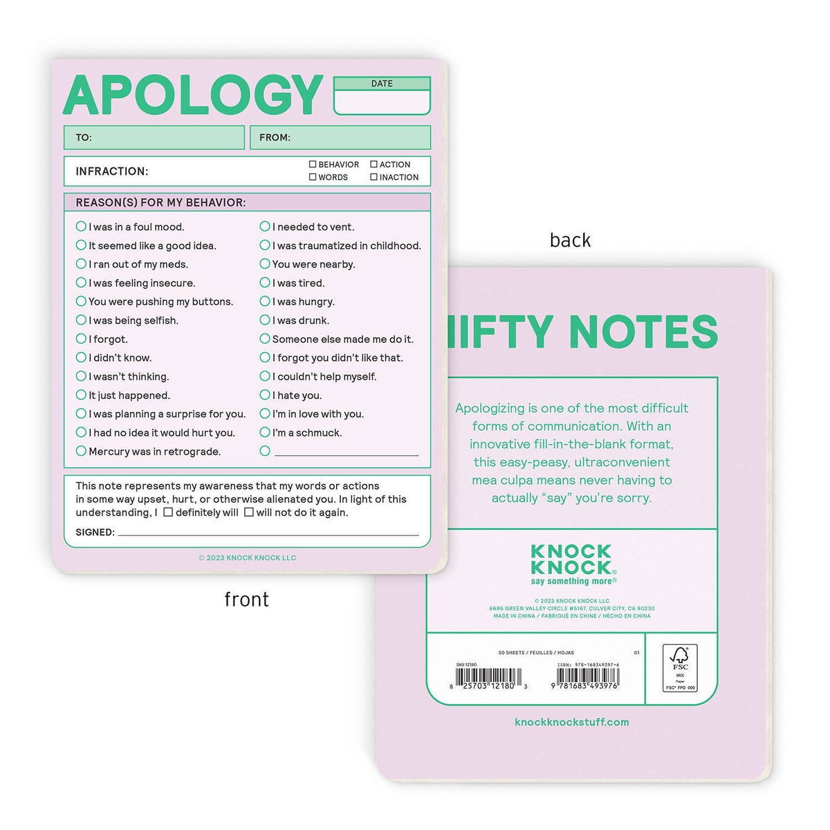 Apology note card with fill-in-the-blank format on a white background