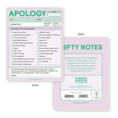 Apology note card with fill-in-the-blank format on a white background
