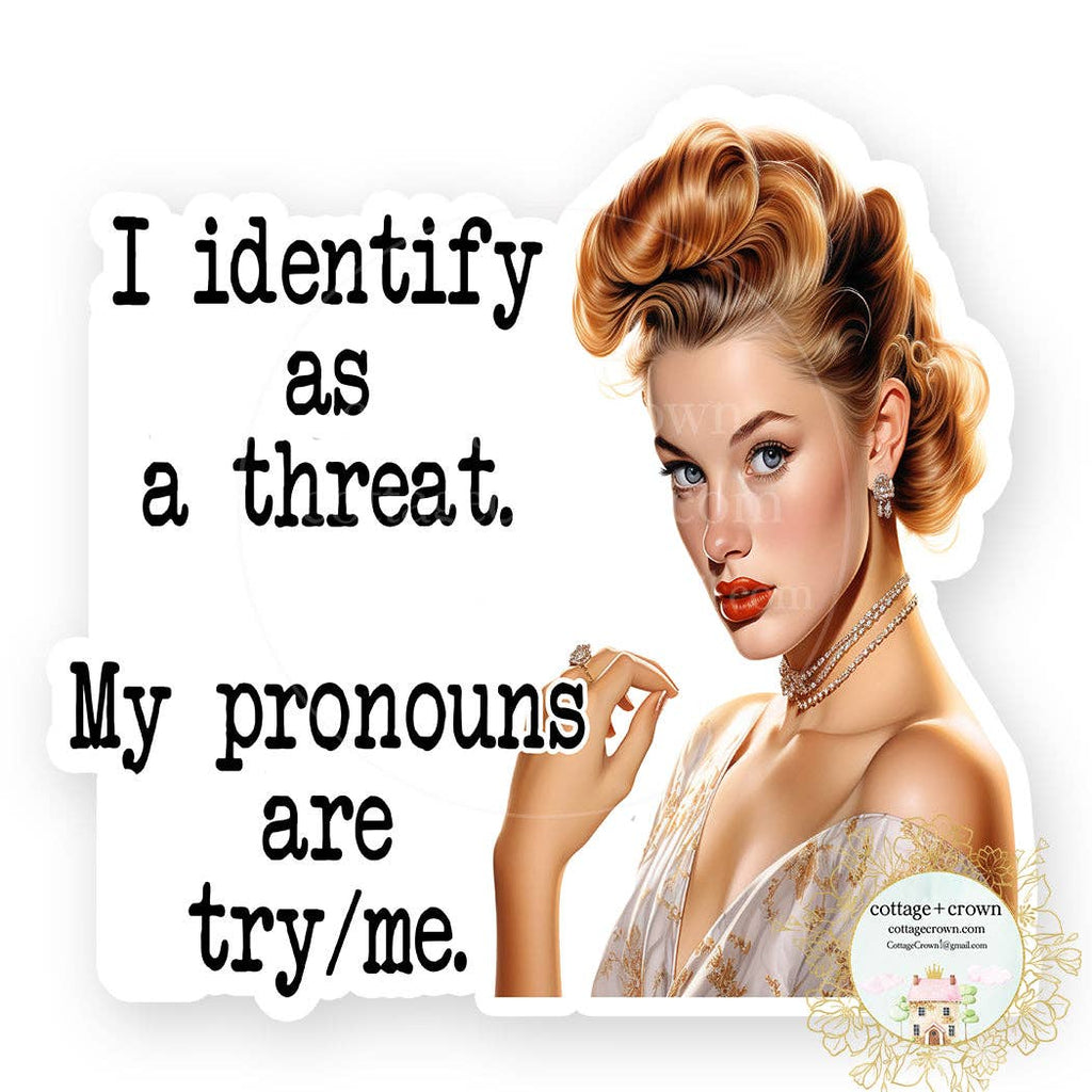 I Identify As A Threat, My Pronouns Are Try Me Vinyl Sticker