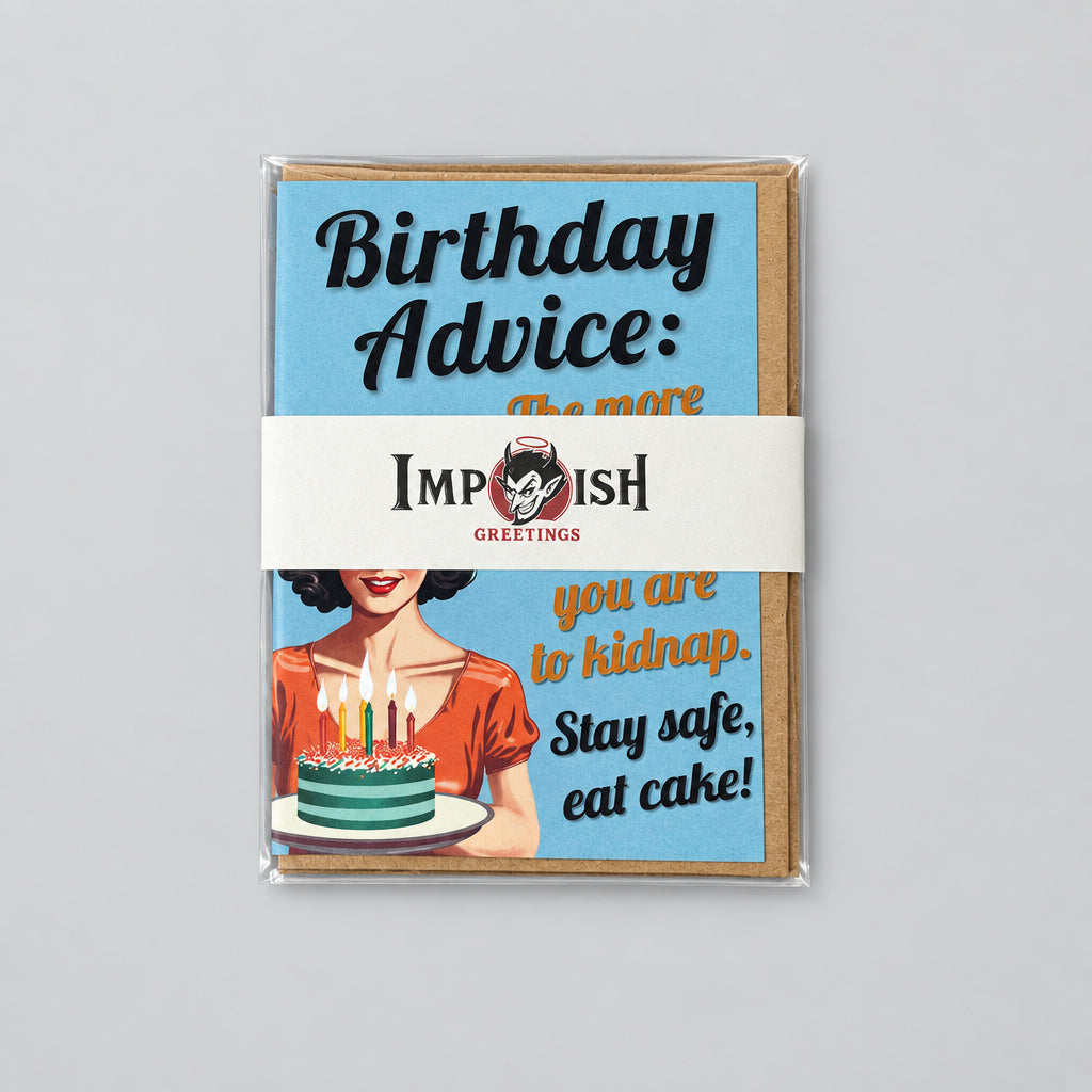 A stack of 'Birthday Advice' greeting cards from Impish Greetings, wrapped in a white paper band, placed on a gray textured surface.