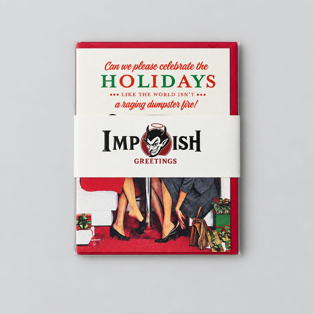 A vintage-style holiday greeting card from Impish Greetings, wrapped in a white paper band with the brand logo. The card features a red border, festive red and green text reading 'Can we please celebrate the HOLIDAYS like the world isn't a raging dumpster fire!', and a retro illustration of people in heels at the bottom.