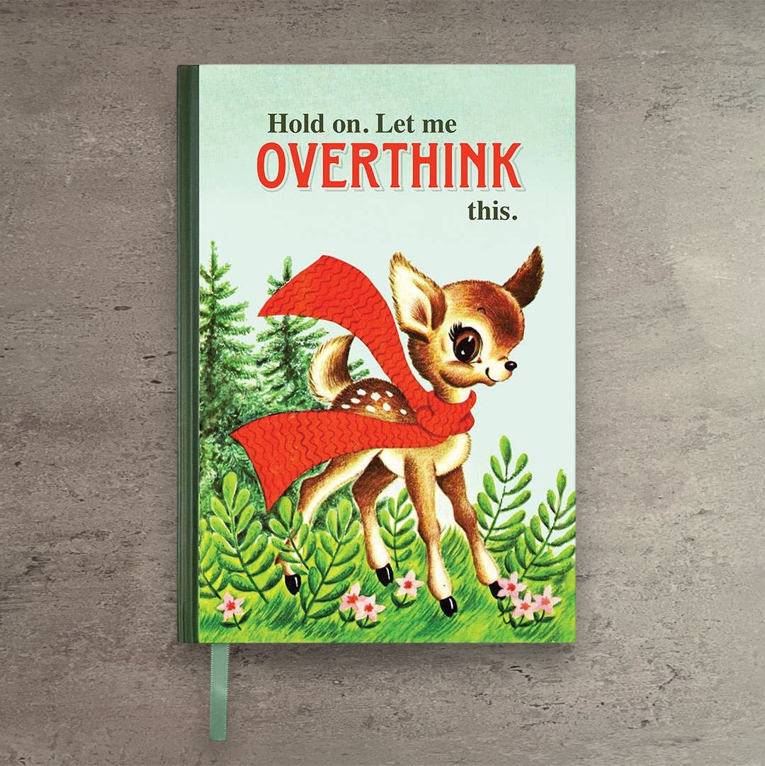 Impish Greetings A5 hardcover notebook featuring a vintage deer illustration with the text Hold on. Let me OVERTHINK.