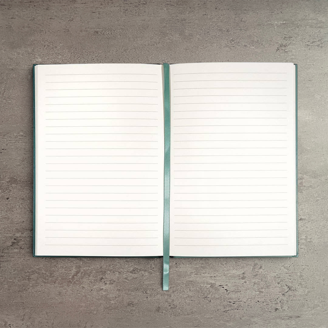 Impish Greetings Let Me Overthink This A5 notebook open to ivory lined pages with a matching green ribbon bookmark.