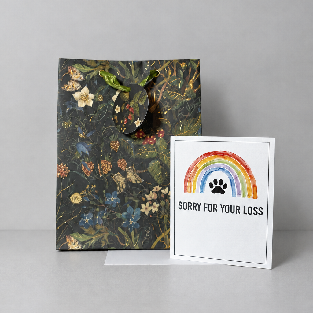 This shows the sorry for your loss condolence card against a grey background with a floral gift bag.