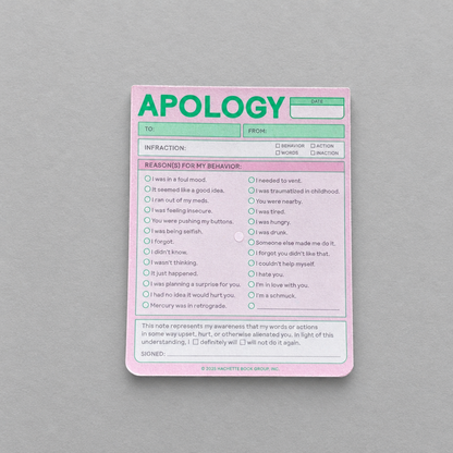 Apology Nifty Note Pad (Pastel Version) from Impish Greetings on a light grey background