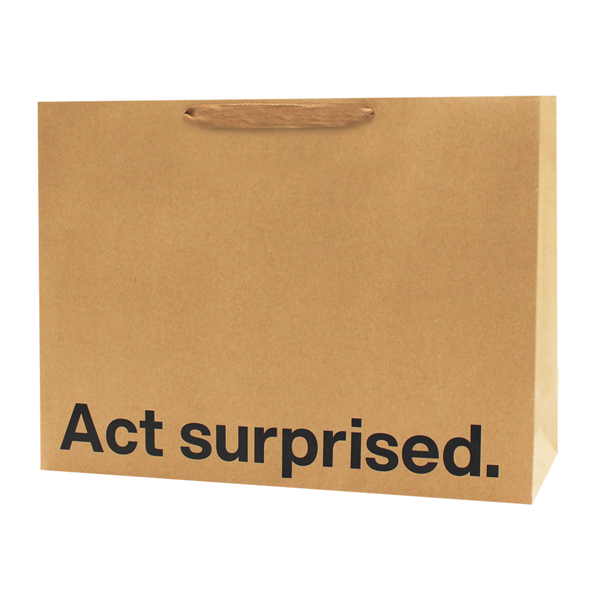 Brown paper bag with 'Act surprised.' text on a white background