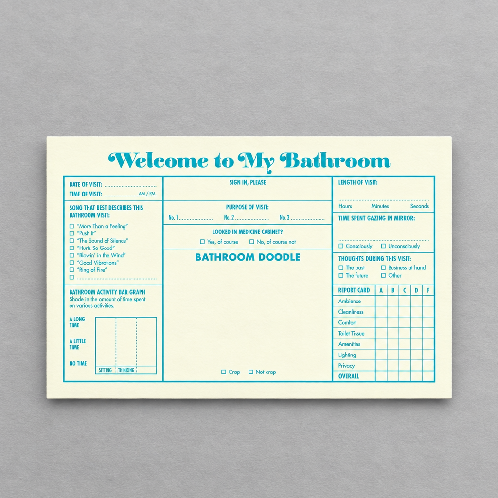 Bathroom Guest Book page from Impish Greetings on a light grey background