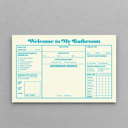 Bathroom Guest Book page from Impish Greetings on a light grey background
