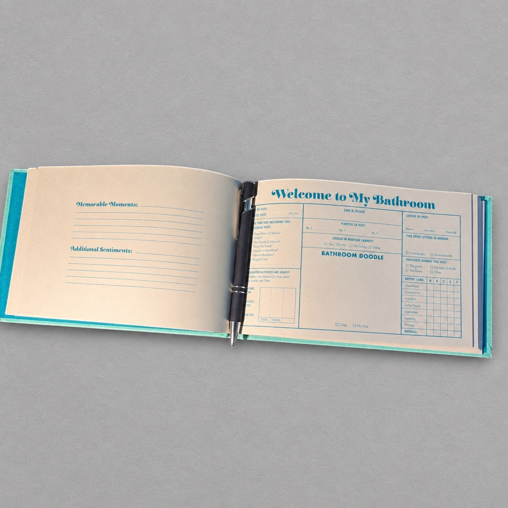 Inside of Bathroom Guest Book from Impish Greetings on a light grey background