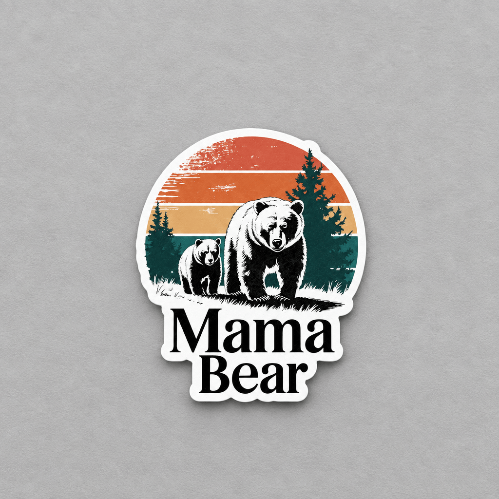 A die-cut sticker featuring a retro-style illustration of a mama bear and cub under a striped sunset, with the words 'Mama Bear' below, shown on a textured gray background.