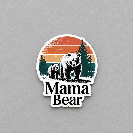 A die-cut sticker featuring a retro-style illustration of a mama bear and cub under a striped sunset, with the words 'Mama Bear' below, shown on a textured gray background.