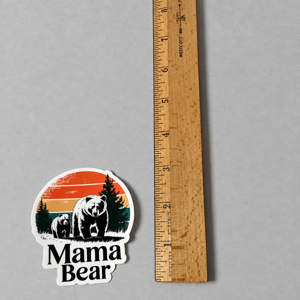 A die-cut sticker featuring a black and white mama bear and baby bear illustration with a retro orange, yellow, and blue sunset background and the text 'Mama Bear'. The sticker is displayed next to a wooden ruler on a neutral gray background to show its size.