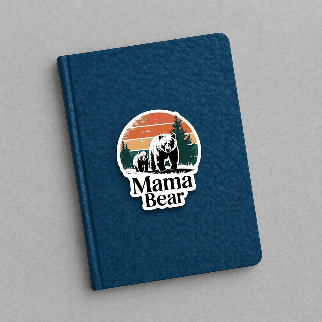 A dark blue hardcover notebook or journal with a die-cut sticker on the front featuring a polar bear illustration and the text 'Mama Bear'. The notebook is photographed at an angle on a neutral gray background.